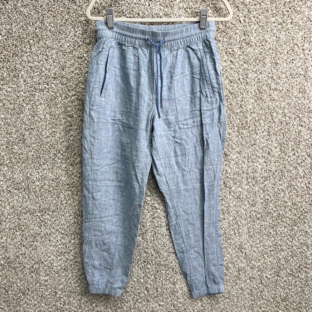Athleta Pants Women's 6 Blue Retreat 100% Linen Drawstring Elastic Waist Joggers